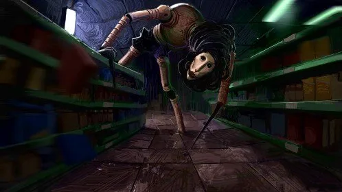 Official Roblox card art: the Locust crawls along the ceiling of a dark supermarket aisle.